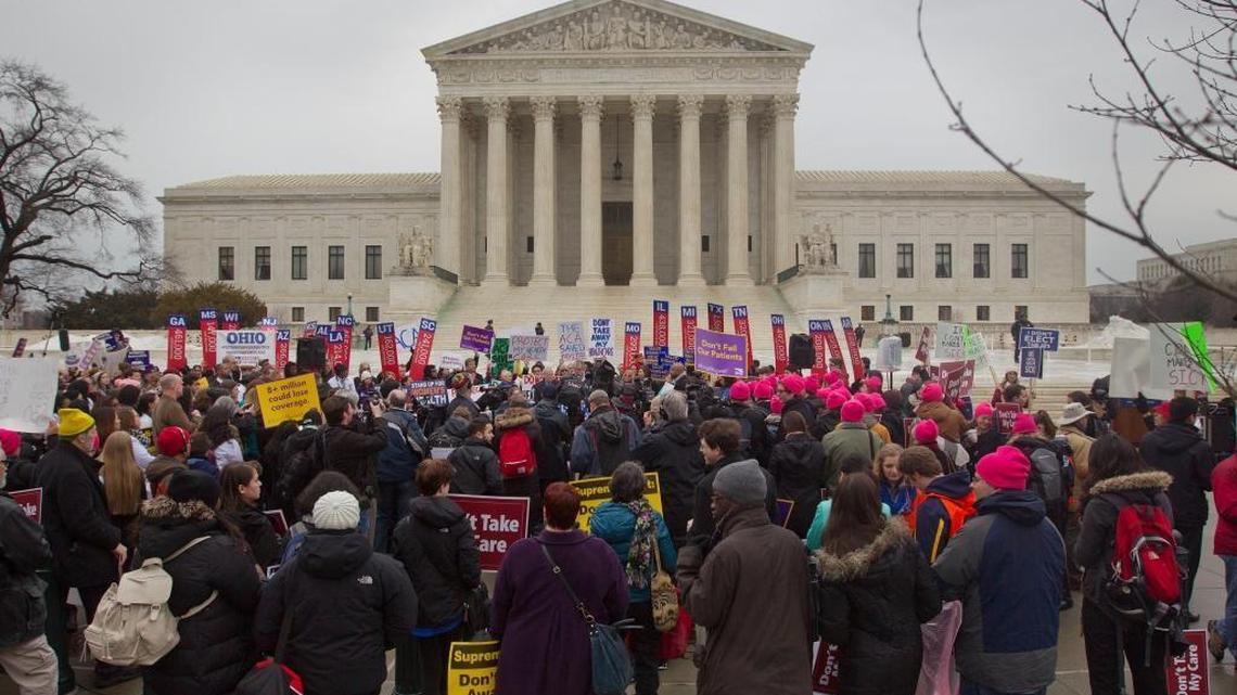 A handful of Republican senators are preemptively threatening to block Hillary Clinton’s judicial nominees, if she’s elected president. Here, a crowd is pictured gathered outside the Supreme Court in Washington, D.C., on March 4, 2015, as the court hears arguments in King v. Burwell, a major test of President Barack Obama's health overhaul.