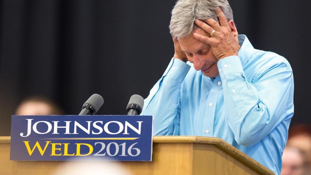 Libertarian presidential candidate Gary Johnson reacts as his microphone stops working during a campaign rally on Saturday at Grand View University in Des Moines, Iowa.