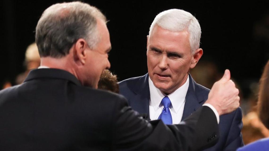 Democratic vice-presidential nominee Sen. Tim Kaine and Republican vice-presidential nominee Gov. Mike Pence after their debate at Longwood University in Farmville, Va., on Tuesday, Oct. 4, 2016.
