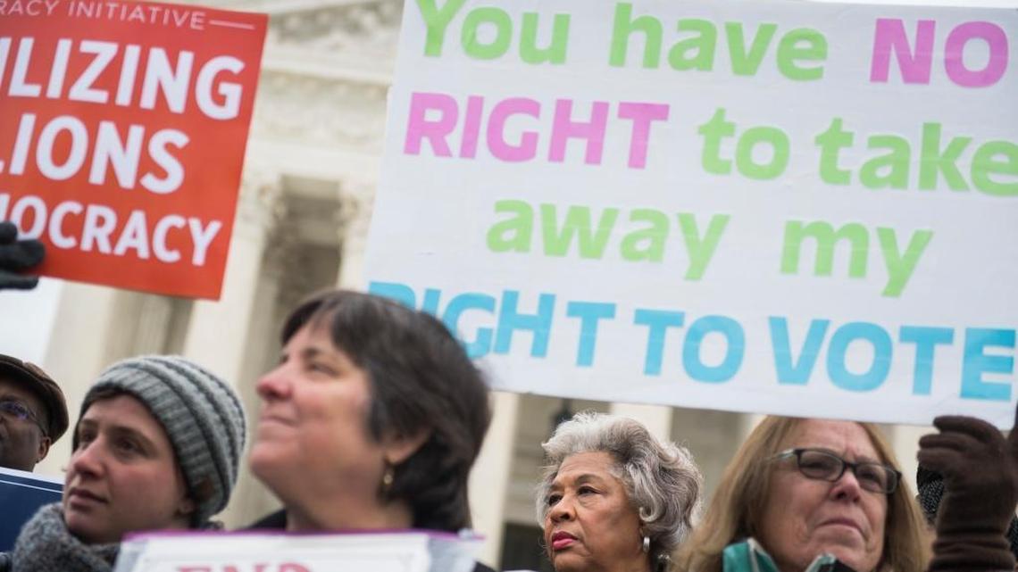 Rep. Joyce Beatty, D-Ohio, second from right, is seen during a rally outside the Supreme Court on January 10, 2018, to oppose Ohio's voter purging system. The court heard arguments on whether Ohio has been too strict in setting in motion a voter registration removal process if the individual hasen't voted in a federal election for two years.