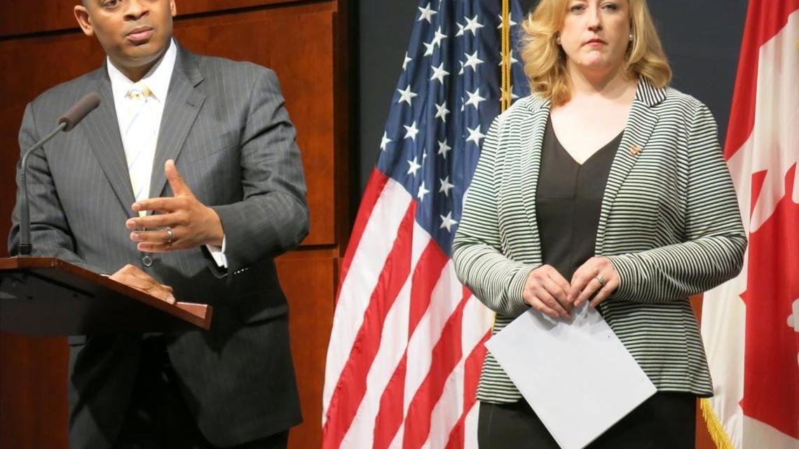 Transportation Anthony Foxx, left, on May 1, 2015, with Lisa Raitt, then Canada’s Transport Minister.