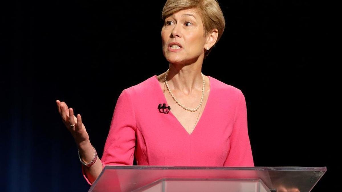 North Carolina Democratic Senate candidate Deborah Ross is shown during her Oct. 13, 2016, televised debate with U.S. Sen. Richard Burr, R-N.C. at UNC-TV studios in Research Triangle Park, N.C.