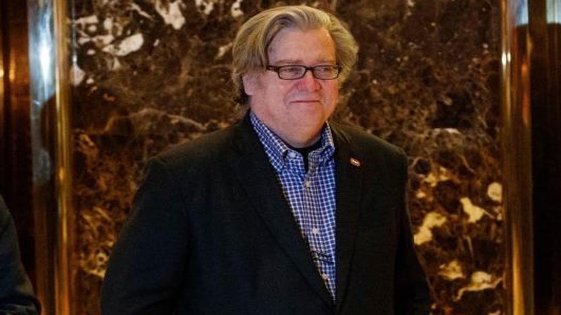 FILE - In this Nov. 11 photo, Stephen Bannon, campaign CEO for President-elect Donald Trump, leaves Trump Tower in New York. Trump on Sunday named Republican Party chief Reince Priebus as White House chief of staff and conservative media owner Bannon as his top presidential strategist, two men who represent opposite ends of the unsettled GOP. (