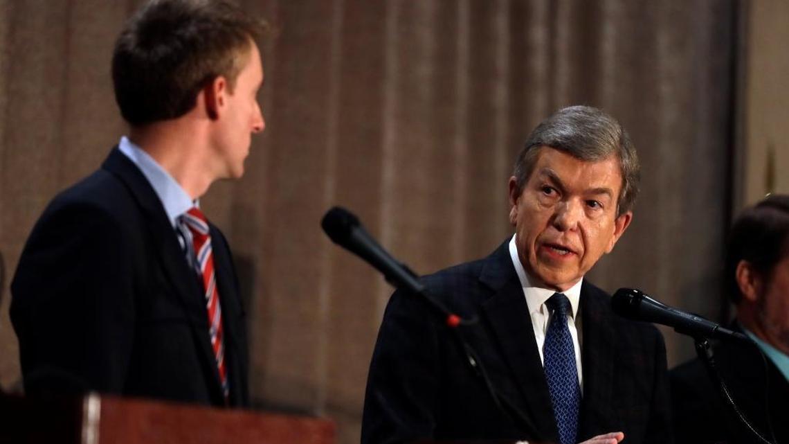 Republican incumbent Sen. Roy Blunt, right, speaks alongside Democratic challenger Jason Kander during a debate in Missouri’s race for U.S. Senate on Sept. 30. Blunt, a veteran lawmaker who has spent nearly 20 years in Congress, is locked in a close race for re-election against Kander.