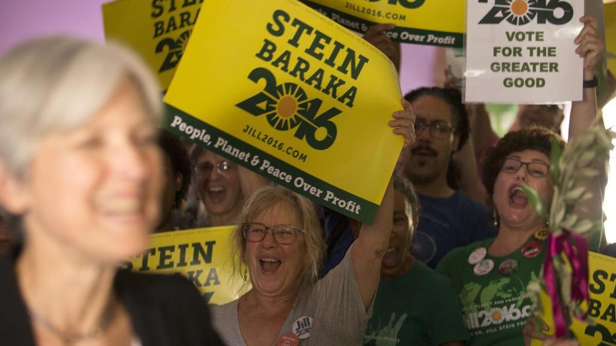 Green party presidential candidate Jill Stein, foreground, meets her supporters during a campaign stop at Humanist Hall in Oakland, Calif. on Thursday, Oct. 6, 2016.