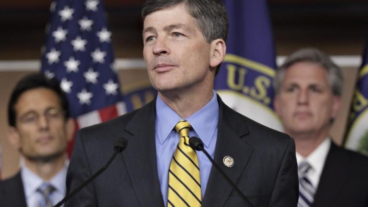 In this photo taken Aug. 1, 2011, House Republican Conference Chairman Jeb Hensarling, R-Texas speaks at a news conference as lawmakers work to finalize the debt deal agreement.