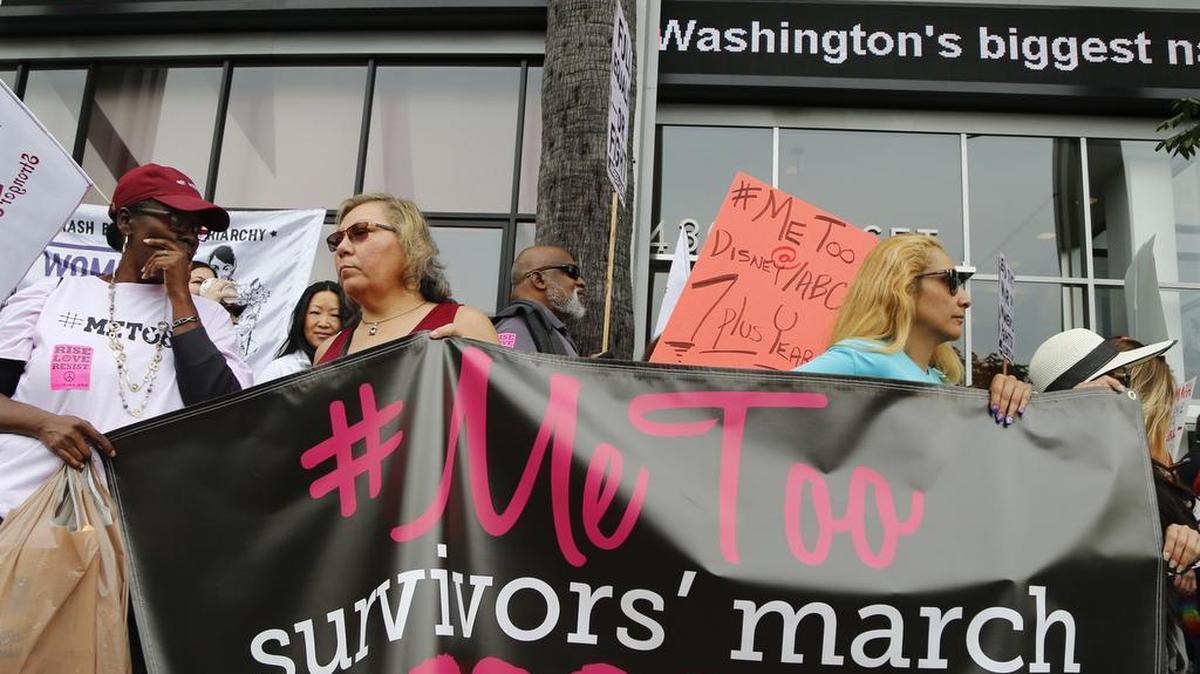 Participants rally outside CNN's Hollywood studios on Sunset Boulevard to take a stand against sexual assault and harassment for the #MeToo March.