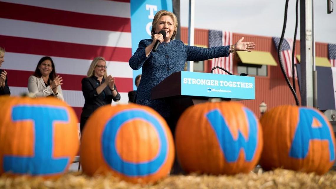 Democratic presidential candidate Hillary Clinton speaks at a campaign rally at NewBo City Market in Cedar Rapids, Iowa, Friday, Oct. 28, 2016.
