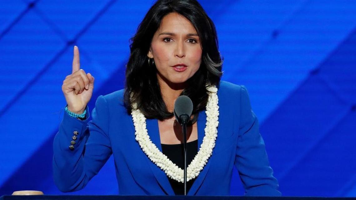 Rep. Tulsi Gabbard, D-HI., nominates Sen. Bernie Sanders, I-VT., for President of the United States during the second day of the Democratic National Convention in Philadelphia , Tuesday, July 26, 2016. Gabbard is meeting with President-elect Donald Trump on Monday, Nov. 21, 2016.