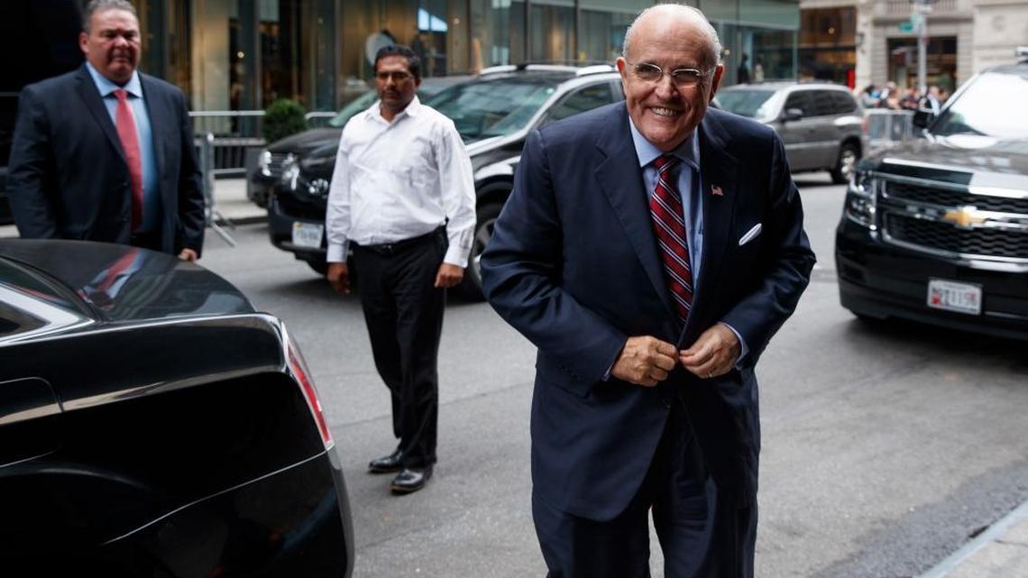 Former New York mayor Rudy Giuliani arrives at Trump Tower, Saturday, Oct. 8, 2016, in New York. Republican leaders from Utah to Alabama called on Republican presidential candidate Donald Trump to quit the race after he bragged about groping women in a 2005 conversation caught on tape.