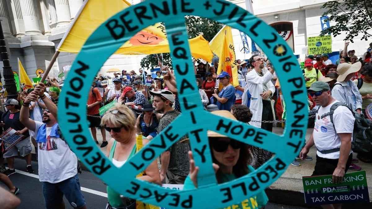 Supporters of Sen. Bernie Sanders, I-Vt., march during a protest in downtown Philadelphia.