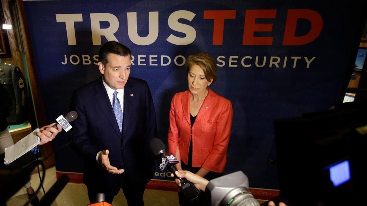 Republican presidential candidate, Sen. Ted Cruz, R-Texas, accompanied by vice-presidential candidate Carly Fiorina, speaks during a campaign stop at The Indiana War Memorial Friday.