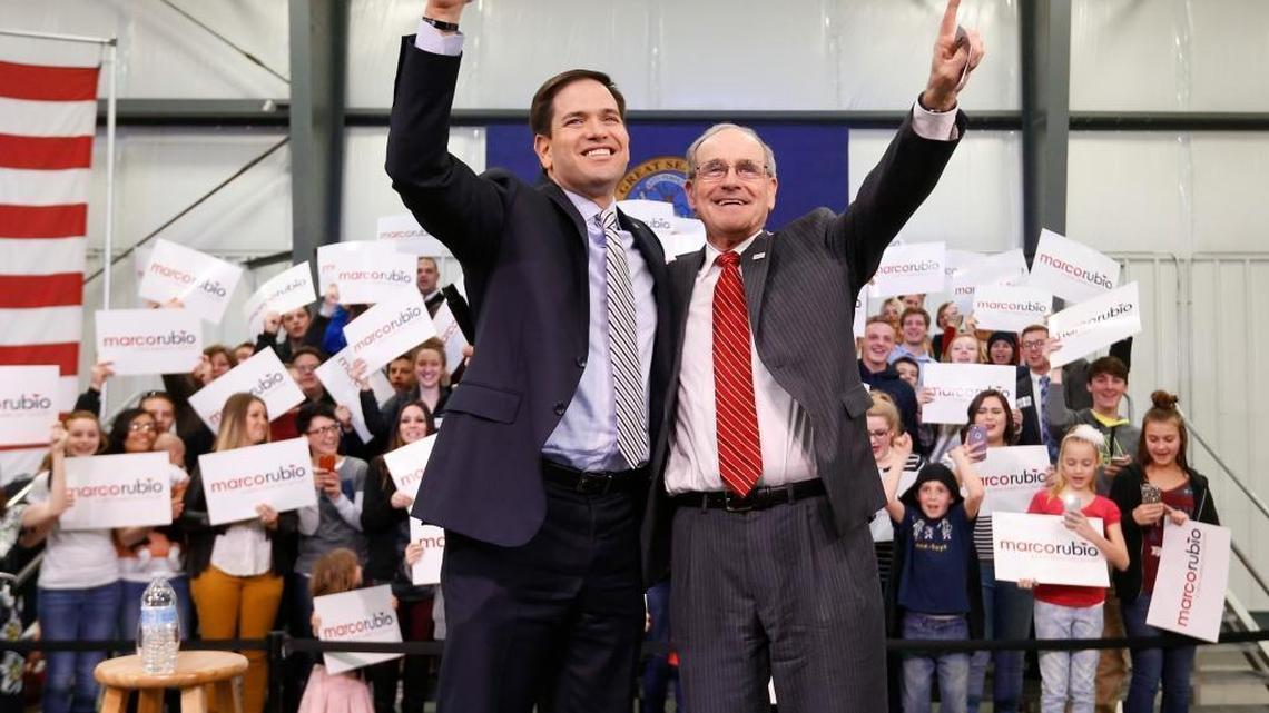 Sen. Jim Risch, R-Idaho, right, appears with Sen. Marco Rubio, R-Fla., at a campaign rally in Idaho Falls, Idaho, on March 6, 2016. Risch says he will now vote for Donald Trump for president, even though he finds the idea “distasteful.”