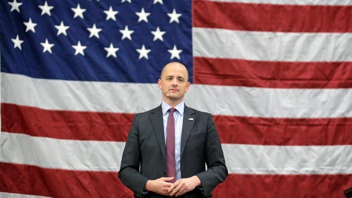 Independent candidate Evan McMullin speaks during a rally in Draper, Utah, where he is within striking distance of winning the state. McMullin’s declared vice presidential candidate, defense consultant Nathan Johnson, has not appeared publicly with McMullin or talked to the media.