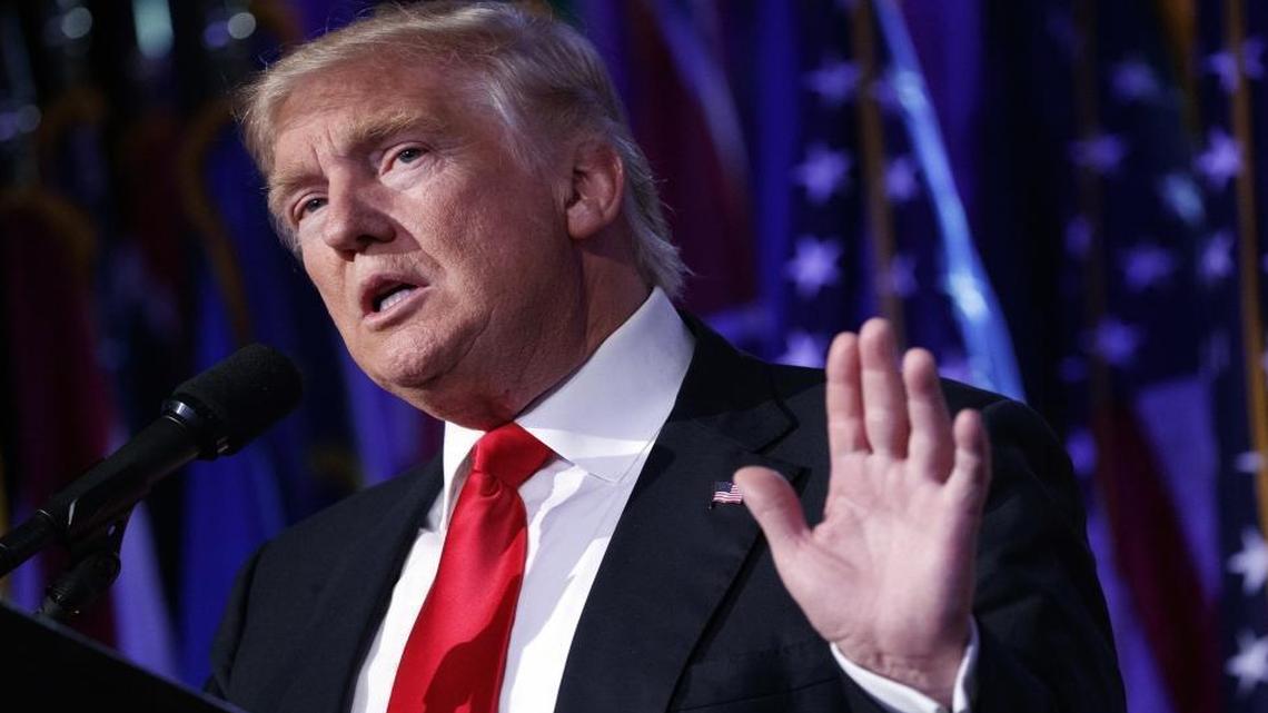 In this Nov. 9, 2016, file photo, President-elect Donald Trump speaks during a rally in New York.