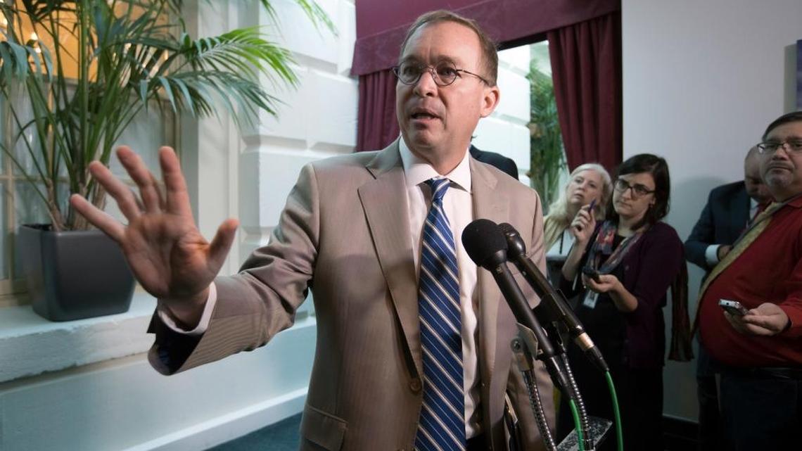 Budget Director Mick Mulvaney speaks to reporters following a closed-door Republican strategy session that included Treasury Secretary Steven Mnuchin and Speaker of the House Paul Ryan, R-Wis., at the Capitol in Washington.