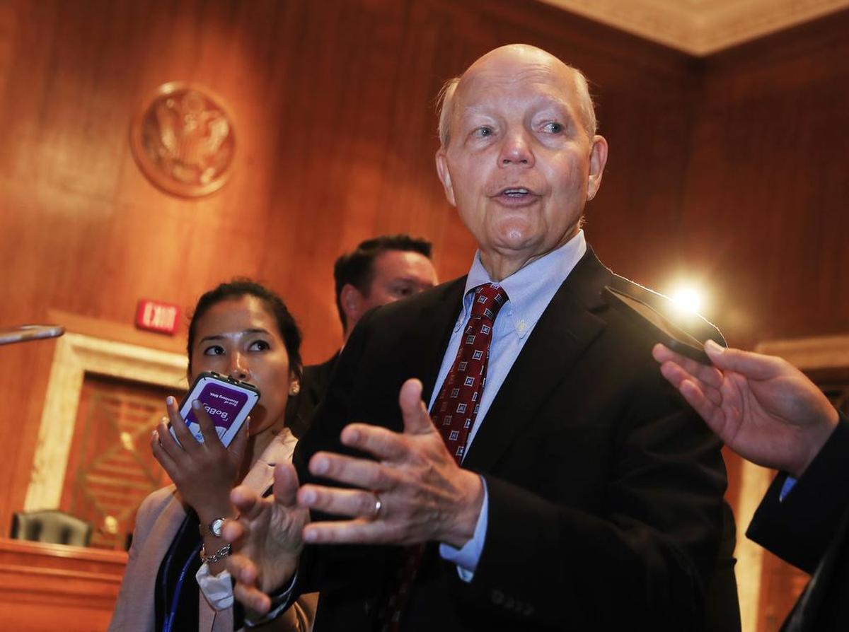 IRS Commissioner John Koskinen talks to reporters on Capitol Hill in Washington, Wednesday, July 26, 2017 following his testimony before the Senate Appropriations subcommittee hearing on the fiscal 2018 federal budget.