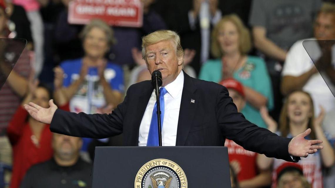 President Donald Trump speaks at the Covelli Centre, Tuesday, July 25, 2017, in Youngstown, Ohio.