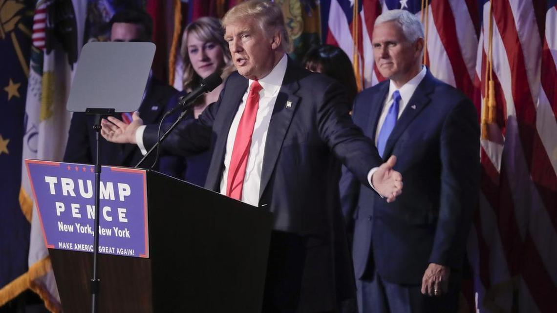 President elect Donald Trump gives his acceptance speech at an election night rally, Wednesday, Nov. 9, 2016, in New York.