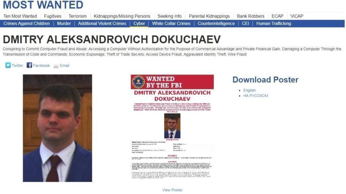Dmitry Dokuchaev in an FBI “Wanted” poster. The Russian cyber spy is under arrest in Moscow and sought in San Francisco in connection with alleged hacking of the databases of U.S. tech firms.