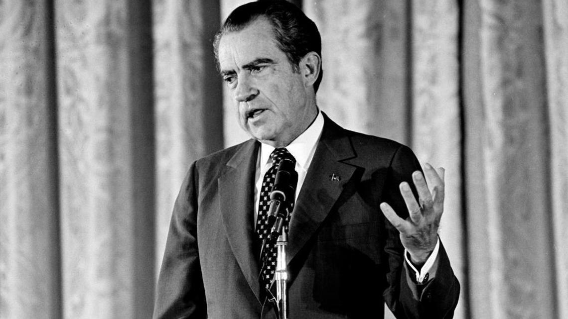 President Richard M. Nixon addresses winners and their family members during a presentation of the National Medal of Science Awards in the East Room at the White House in Washington on Oct. 10, 1973. Later in the day, Nixon learned that Vice President Spiro Agnew had resigned after pleading no contest to a charge of income tax evasion.