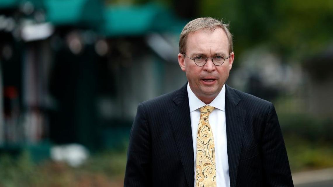 Director of the Office of Management and Budget Mick Mulvaney departs after a television interview at the White House.