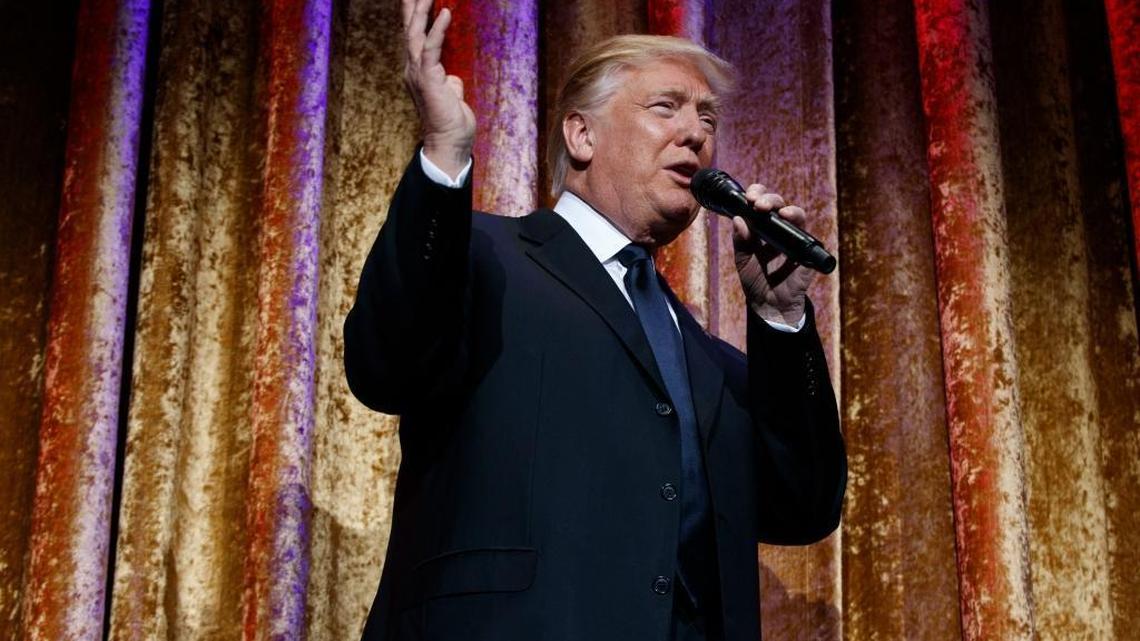 President-elect Donald Trump speaks during the presidential inaugural Chairman's Global Dinner, Tuesday, Jan. 17, 2017, in Washington.