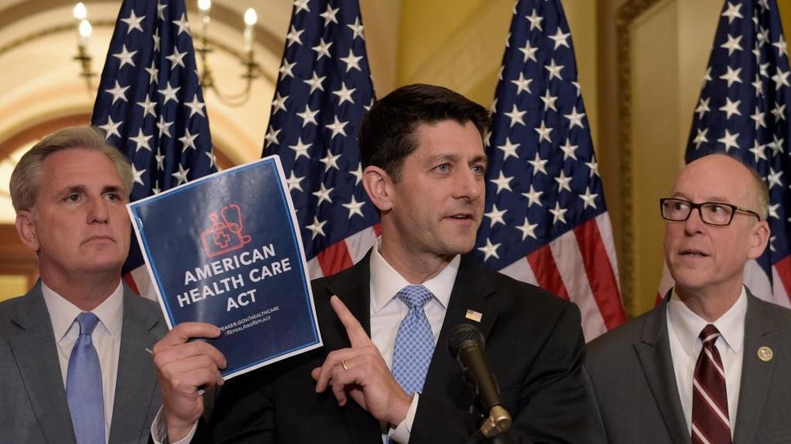 House Speaker Paul Ryan, R-Wis., center, with Energy and Commerce Committee Chairman Greg Walden, R-Ore., right, and House Majority Leader Kevin McCarthy, R-Calif., speaks during a news conference on the American Health Care Act on Capitol Hill in Washington, March 7, 2017.