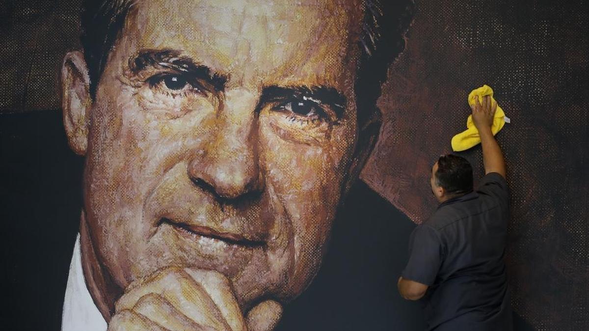 A wall mural of former President Richard Nixon in the lobby area of the Richard Nixon Presidential Library and Museum in Yorba Linda, Calif.