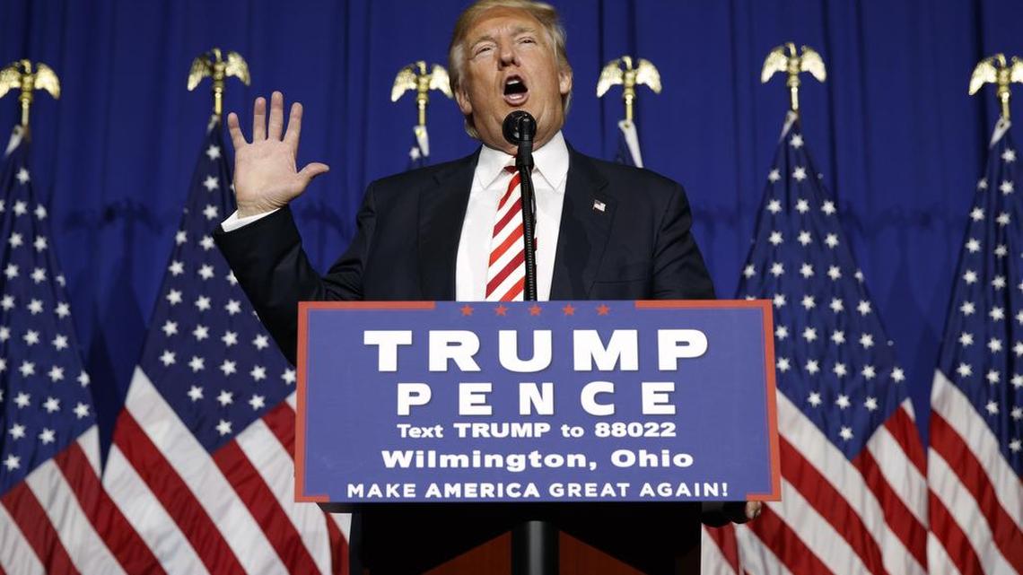 Republican presidential candidate Donald Trump speaks during a campaign rally, Thursday, Sept. 1, 2016, in Wilmington, Ohio.