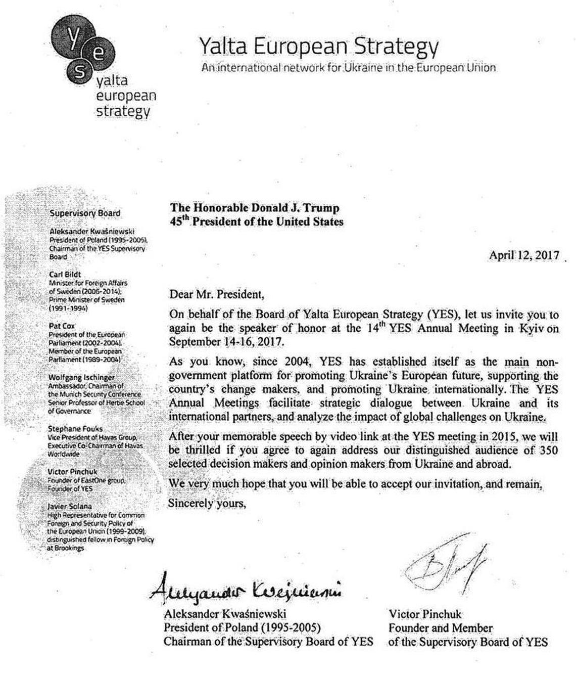 The 2017 invitation to President Trump from a policy group founded by Ukrainian billionaire Victor Pinchuk. The group invited Trump to be “the speaker of honor” at an event in Kiev.
