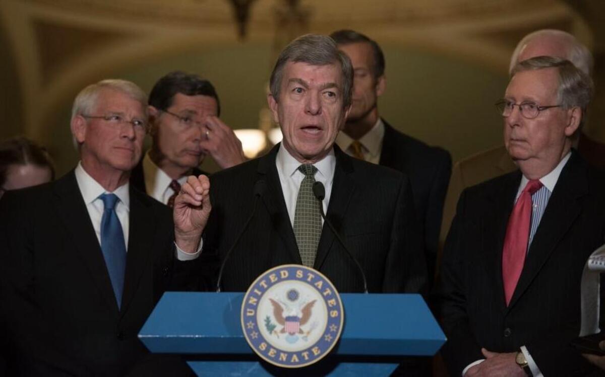 Sen. Roy Blunt, R-Mo., center, speaks to the media after the Republican policy luncheon on Capitol Hill in Washington, Tuesday, Dec. 6, 2016. From left are, Sen. Roger Wicker, R-Miss., Sen. John Barrasso, R-Wyo., Blunt, Sen. John Thune, R-S.D., Senate Majority Whip John Cornyn of Texas and Senate Majority Leader Mitch McConnell of Ky.