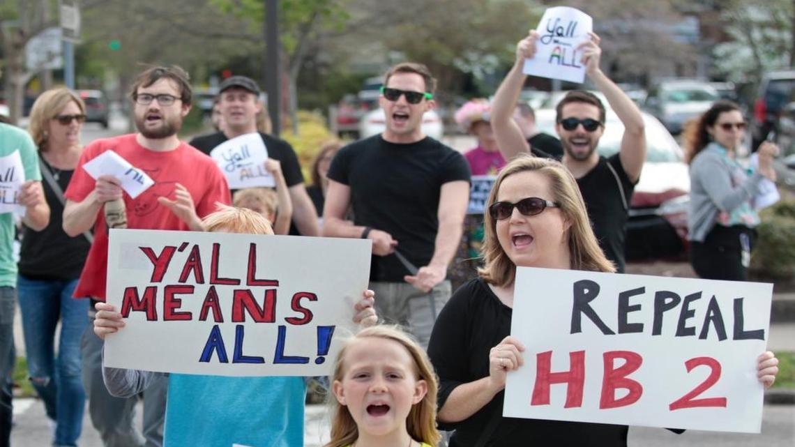 Children were a very visible part of the protest march by NC families to the NC Governor's Mansion as Triangle Families Against HB2 shouted, chanted slogans and sang songs noting their distaste for HB2, the Republican-led Legislature and particularly NC Governor Pat McCrory on Saturday afternoon, April 2, 2016. A crowd of about 200 marched from in front of the NC Legislature two blocks to peacefully stage their protest against this newest NC legislation.