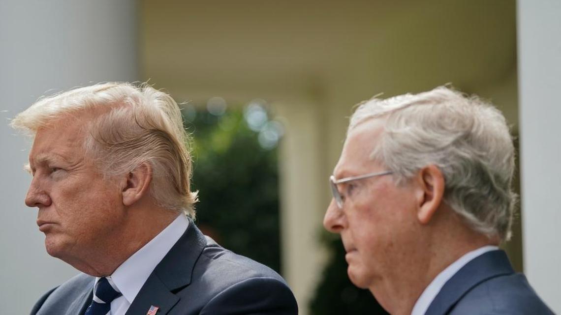 President Donald Trump and Senate Majority Leader Mitch McConnell of Ky., speak to members of the media in the Rose Garden of the White House, Monday, Oct. 16, 2017.