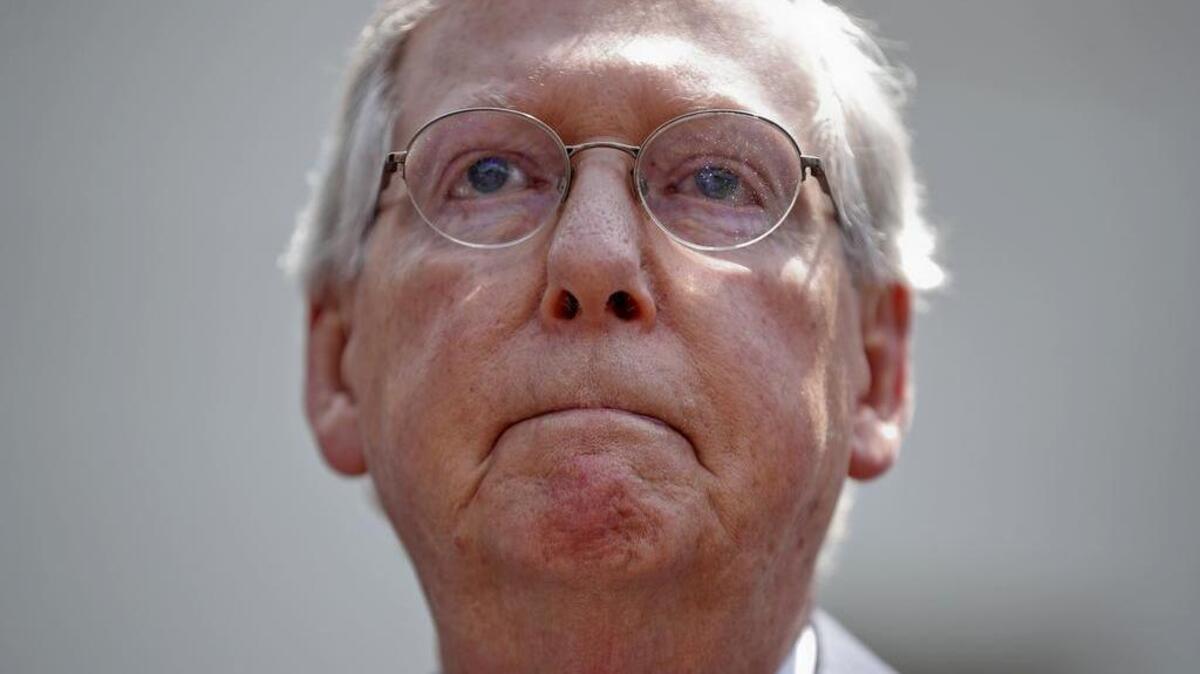 Senate Majority Leader Mitch McConnell of Ky. pauses while speaking to members of the media following a luncheon between GOP Senators and President Donald Trump, Wednesday, July 19, 2017, at the White House in Washington. Republicans did not agree on a plan to repeal the health law.