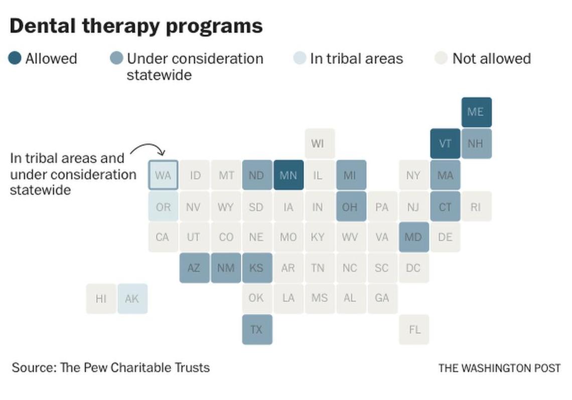 Map of states that allow dental therapy