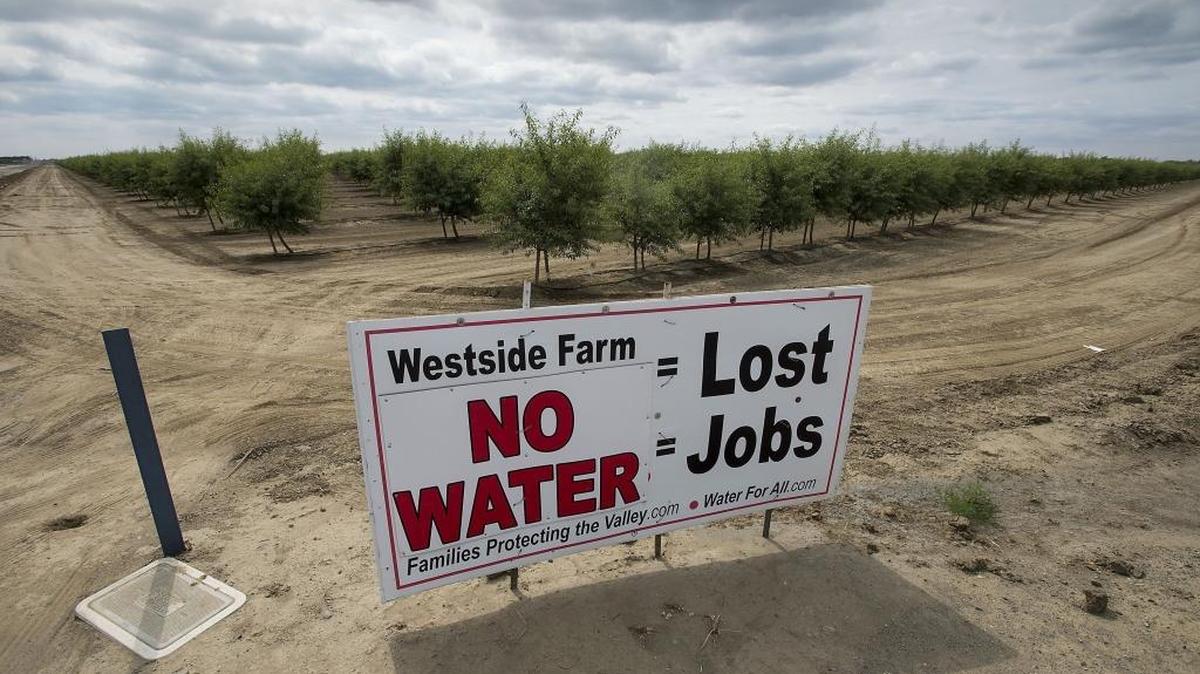 Signs like this one dot the landscape around farms near Huron, Calif., on May 21, 2015. Dan Errotabere grows almonds, tomatoes and other crops in the Westlands Water district west of Fresno.