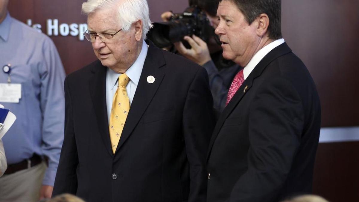 Rep. Hal Rogers, left, accompanied by state Rep. Greg Stumbo, then-speaker of the Kentucky House of Representatives, before a morning news conference at the University of Kentucky Chandler Hospital in Lexington, July 12, 2013.