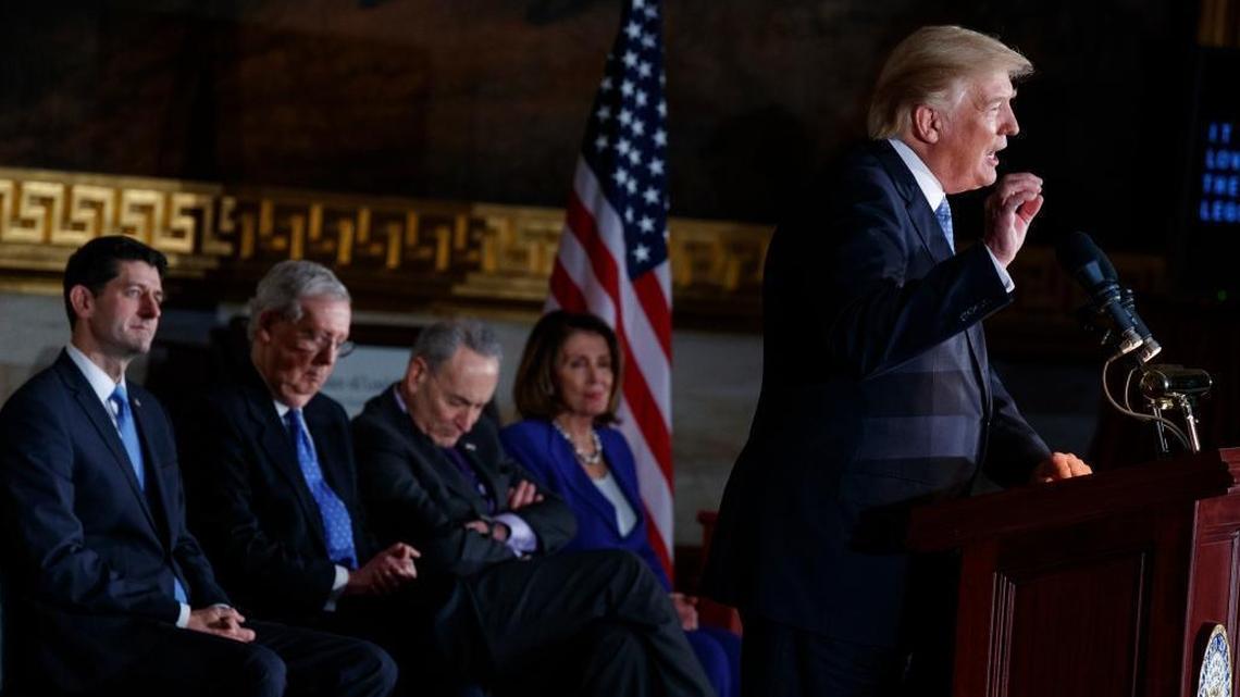 Speaker of the House Rep. Paul Ryan, R-Wis., Senate Majority Leader Sen. Mitch McConnell, R-Ken., Senate Minority Leader Sen. Chuck Schumer, D-N.Y., and House Minority Leader Rep. Nancy Pelosi, D-Calif., listen as President Donald Trump speaks during a Congressional Gold Medal ceremony.