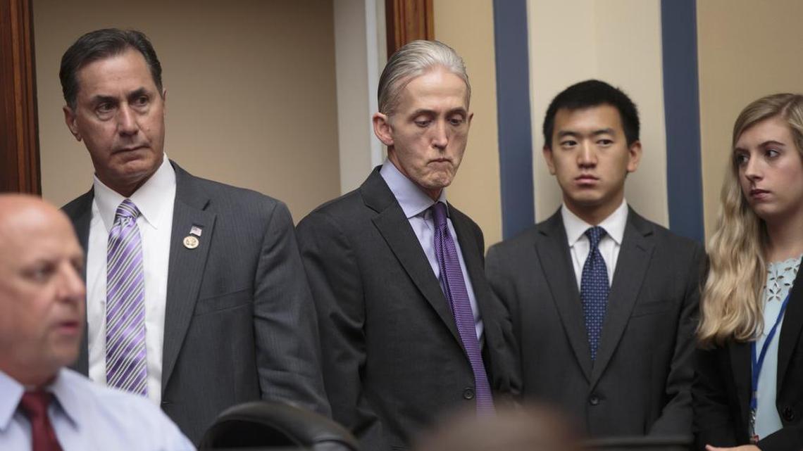 House Benghazi Committee Chairman Rep. Trey Gowdy, R-S.C., center, whose investigation led to the revelation of Hillary Clinton's private email server while secretary of state, arrives on Capitol Hill in Washington on Thursday, July 7, 2016, to question FBI Director James Comey, who was to testify before the House Oversight Committee to explain his agency's recommendation to not prosecute Democratic presidential candidate Hillary Clinton over her private email setup as secretary of state.