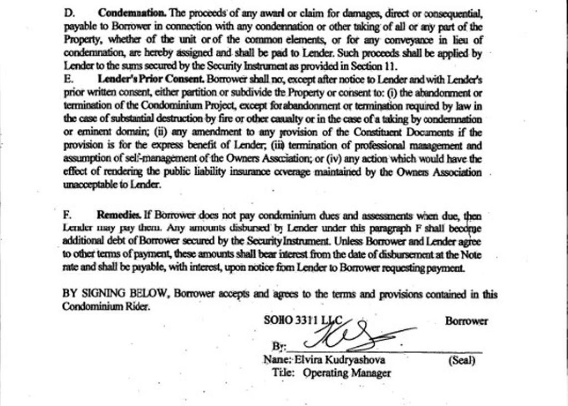 This New York City Department of Finance document shows Elvira Kudryashova as the manager of SoHo 3311 LLC, which bought a unit in the Trump SoHo building. She is the daughter of Viktor Khrapunov, a fugitive Kazakh politician facing money laundering charges abroad and two civil lawsuits in the United States.