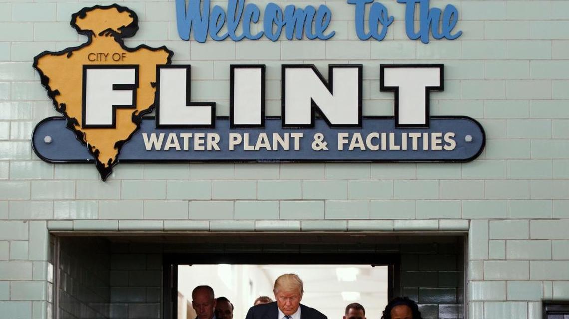 Republican presidential candidate Donald Trump tours the Flint Water Plant and Facilities, Wednesday in Flint, Mich.