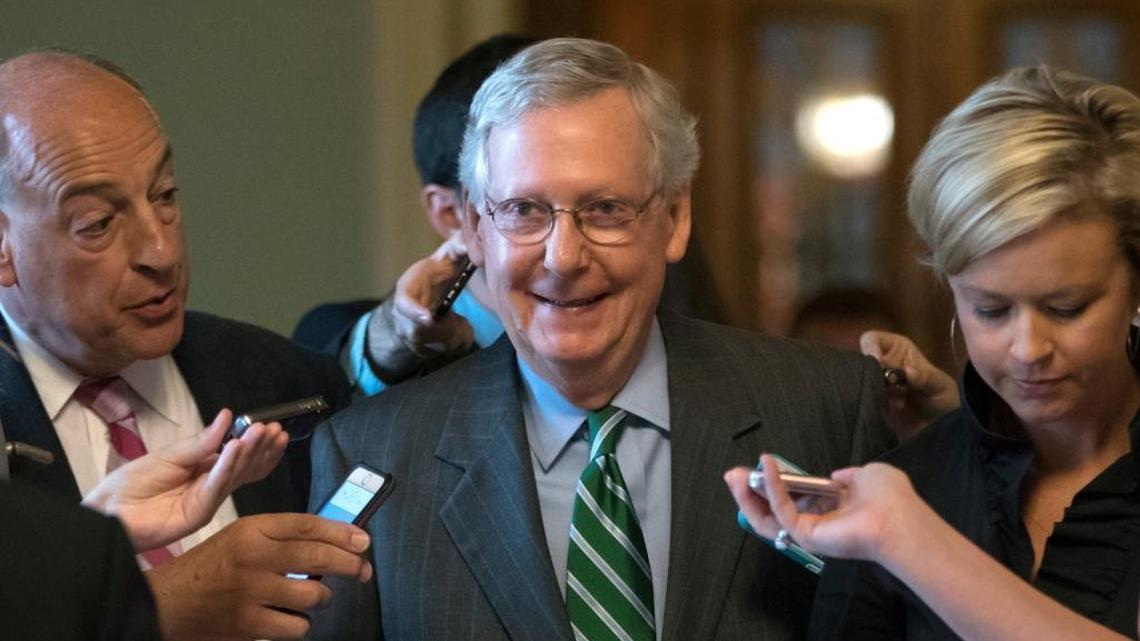 Senate Majority leader Mitch McConnell smiles as he leaves the chamber after announcing the release of the Republicans' healthcare bill which represents the party's long-awaited attempt to scuttle much of President Barack Obama's Affordable Care Act, at the Capitol in Washington, Thursday, June 22, 2017. The measure represents the Senate GOP's effort to achieve a top tier priority for President Donald Trump and virtually all Republican members of Congress.