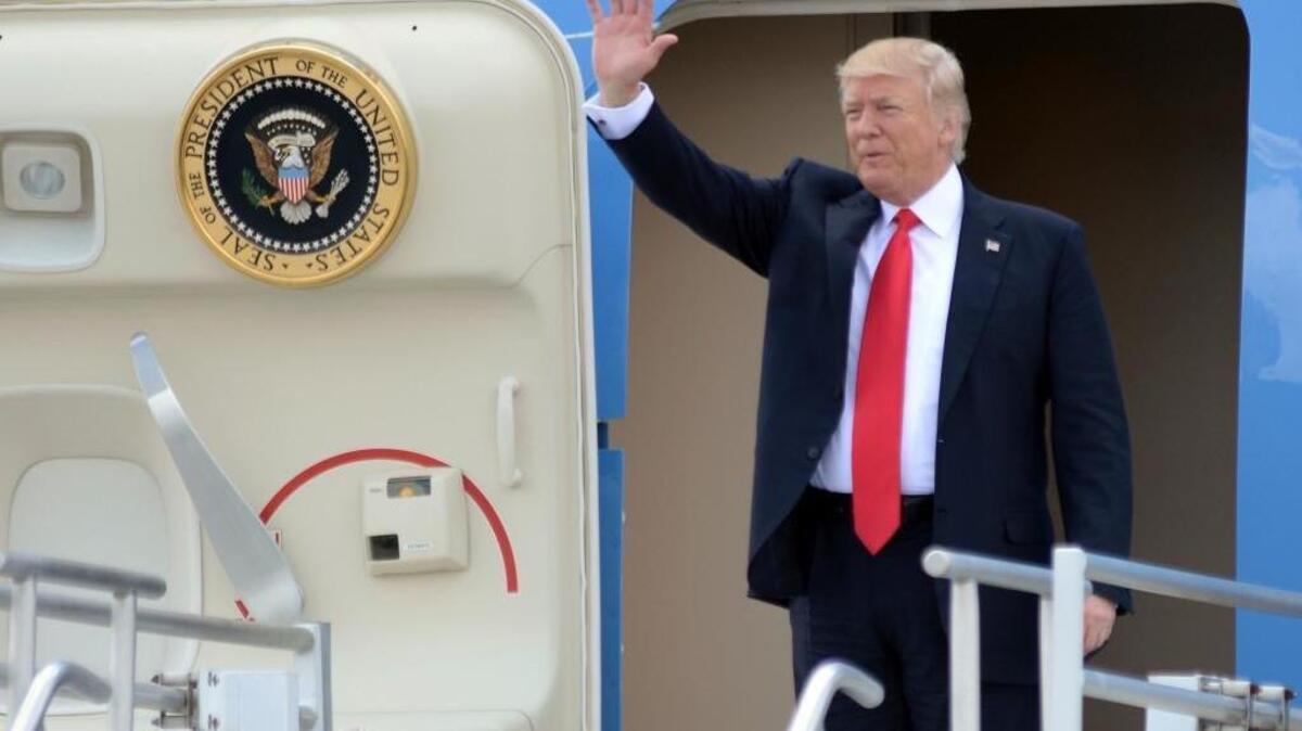 President Donald Trump arrives at Hartsfield Jackson International Airport aboard Air Force One, April 28, 2017. He was in town for a speech to the National Rifle Association's convention and a fundraiser for 6th Congressional District candidate Karen Handel.