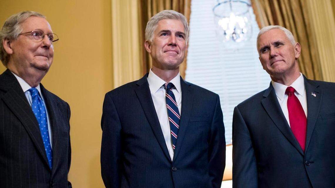 Senate Majority Leader Mitch McConnell, R-Ky. (from left), Supreme Court nominee Neil Gorsuch and Vice President Pence meet in McConnell’s U.S. Capitol office on Feb. 1, 2017.