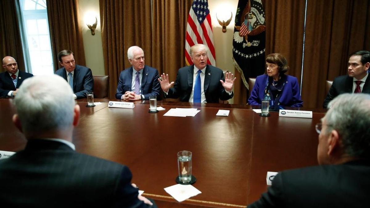 President Donald Trump speaks in the Cabinet Room of the White House, Wednesday, Feb. 28, 2018 in Washington, during a meeting with members of Congress to discuss school and community safety.