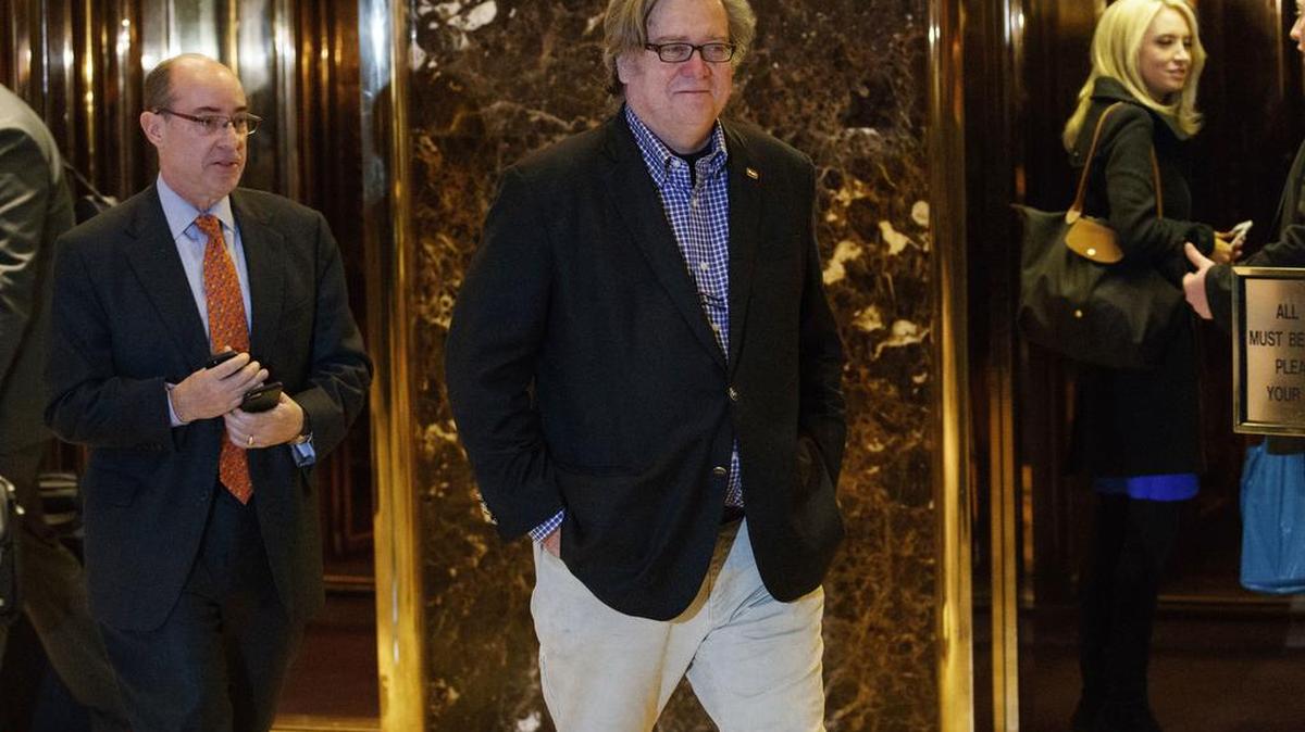 In this Friday, Nov. 11, 2016, file photo, Stephen Bannon, campaign CEO for President-elect Donald Trump, leaves Trump Tower in New York. Trump on Sunday named Republican Party chief Reince Priebus as White House chief of staff and conservative media owner Bannon as his top presidential strategist.