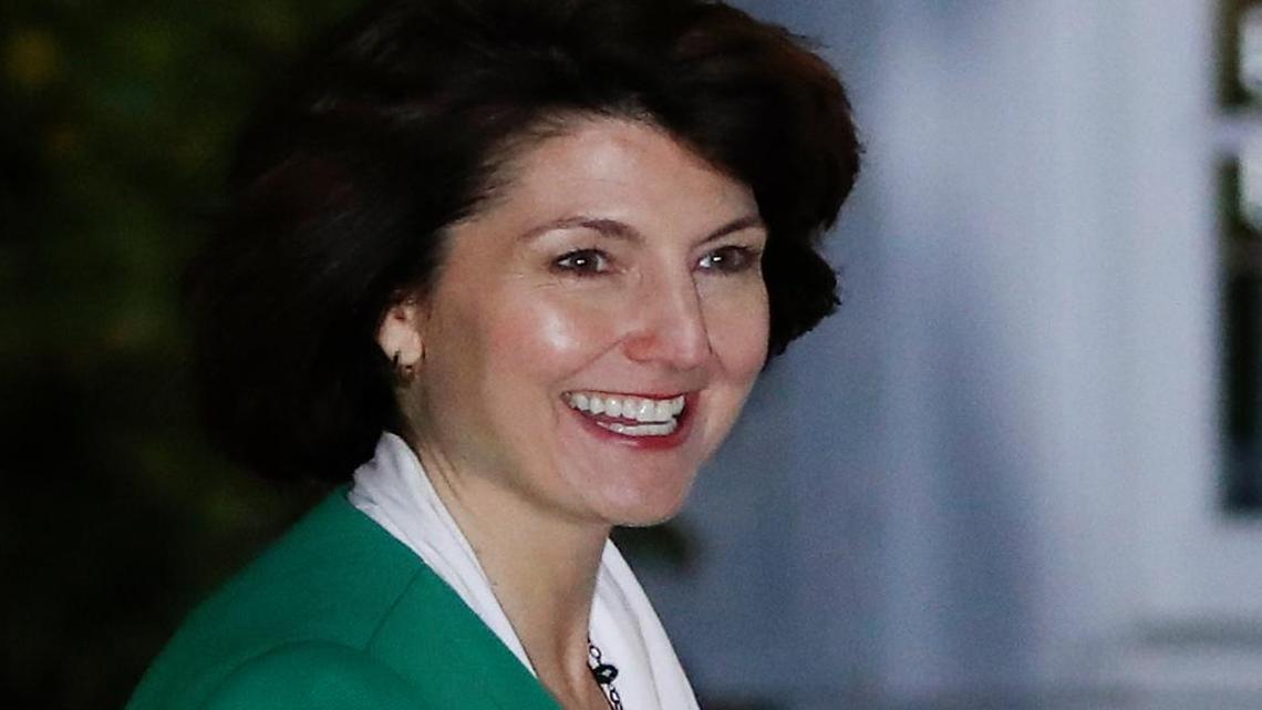 FILE - In this Nov. 20, 2016, file photo, Rep. Cathy McMorris Rodgers, R-Wash., arrives at the Trump National Golf Club Bedminster clubhouse in Bedminster, N.J., to meet with President-elect Donald Trump. McMorris Rodgers has emerged as President-elect Donald Trump’s top contender to lead the Interior Department, according to a person involved in the transition. Trump’s been weighing others for the post, including Oklahoma Gov. Mary Fallin, but is said to be interested in finding a place for McMorris Rodgers in the administration.