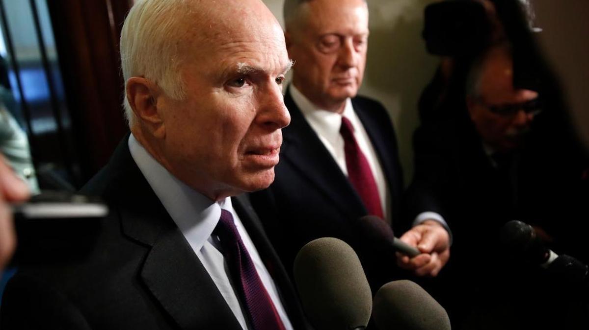 Sen. John McCain, R-Ariz., left, and Defense Secretary James Mattis, speak to members of the media after their meeting Friday, Oct. 20, 2017, on Capitol Hill in Washington.