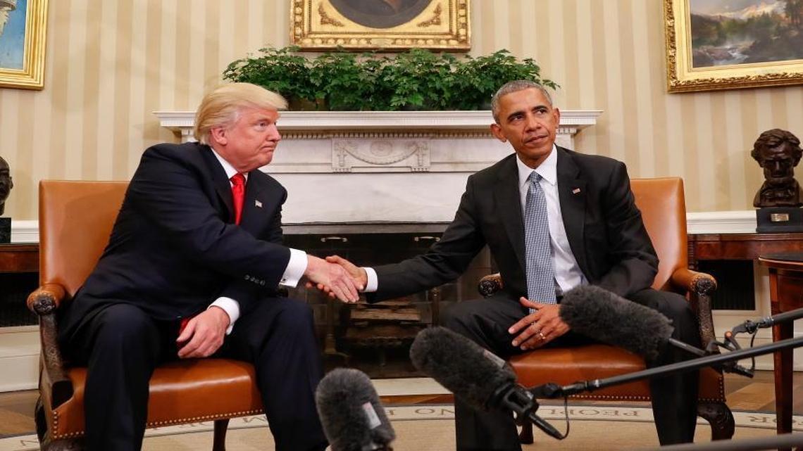 President Barack Obama and President-elect Donald Trump shake hands following their meeting in the Oval Office of the White House in Washington, Thursday, Nov. 10, 2016.